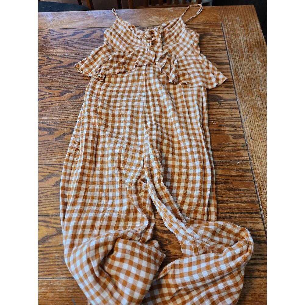Saylor Laken Jumpsuit Apricot  Ruffle Peplum Gingham Travel Cruise sz Small - Picture 2 of 5